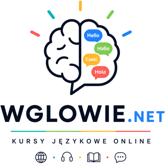 wglowie.net — kursy językowe online. Mózg z dymkami „Hello”, „Hallo”, „Cześć”, „Hola”.